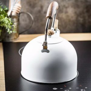 Свирещ чайник Kinghoff KH 1860, 2.5 л, Индукция, Дървена дръжка, Бял