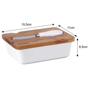 Керамична кутия за масло с нож Klausberg KB 7785, Акациево дърво, Неръждаема стомана, Бял/кафяв