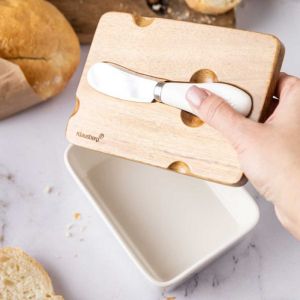 Керамична кутия за масло с нож Klausberg KB 7785, Акациево дърво, Неръждаема стомана, Бял/кафяв