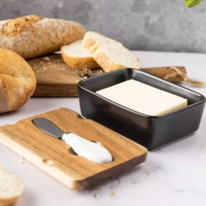 Керамична кутия за масло с нож Klausberg KB 7784, Акациево дърво, Черен/кафяв