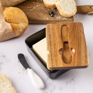 Керамична кутия за масло с нож Klausberg KB 7784, Акациево дърво, Черен/кафяв