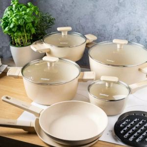 Комплект съдове за готвене Klausberg KB 7833, 12 части, Незалепващо покритие, Индукция, Бежов