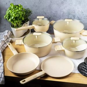 Комплект съдове за готвене Klausberg KB 7833, 12 части, Незалепващо покритие, Индукция, Бежов