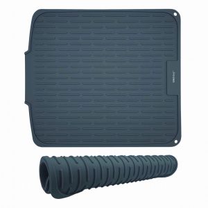 Силиконова подложка за сушене на съдове KH 1905, 46х40 см, Неплъзгаща се повърхност, Ръб за оттичане, Навиваща се, Сив