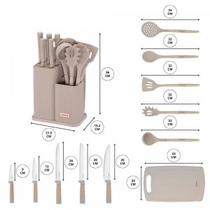 Комплект ножове и прибори Klausberg KB 7935, Дъска и стойка, 12 части, Бежов