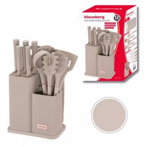 Комплект ножове и прибори Klausberg KB 7935, Дъска и стойка, 12 части, Бежов