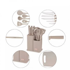 Комплект ножове и прибори Klausberg KB 7935, Дъска и стойка, 12 части, Бежов