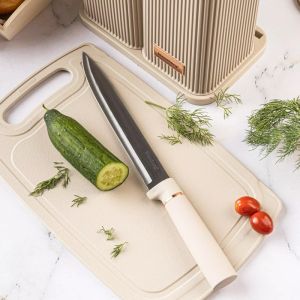 Комплект ножове и прибори Klausberg KB 7935, Дъска и стойка, 12 части, Бежов