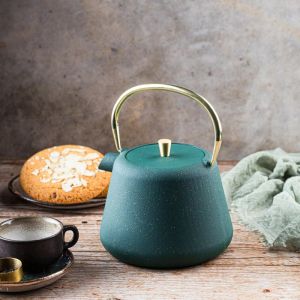 Чайник с инфузер Kinghoff KH 1933, 1 л, Профилиран чучур, Чугун, Емайлирана вътрещност, Зелен