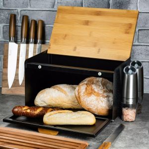 Кутия за хляб Klausberg KB 7464, 35.5 см, Стомана, Бамбук, Горен и преден капак, Черен