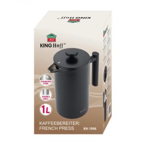 Френска преса за кафе/чай Kinghoff KH 1996, 1 л, Неръждаема стомана, Двойни стени, Черен