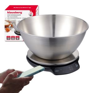 Кухненска везна с купа Klausberg KB 7939, 5 Kg, Bluetooth, Мобилно приложение, LED, ТАРА, Течности, 4 хранителни стойности, Инокс