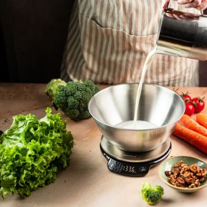 Кухненска везна с купа Klausberg KB 7939, 5 Kg, Bluetooth, Мобилно приложение, LED, ТАРА, Течности, 4 хранителни стойности, Инокс