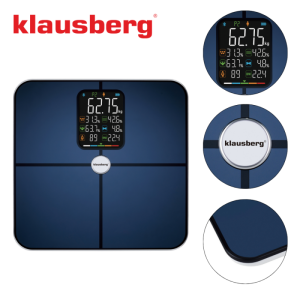Дигитален кантар Klausberg KB 7940, 180 Kg, BIA, LCD, Bluetooth, 12 показателя, Закалено стъкло, Тъмносин