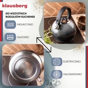 Свирещ чайник Klausberg KB 7955, 3l, Термоизолирана дръжка, Многослойно дъно, Индукция, Тъмносив графит