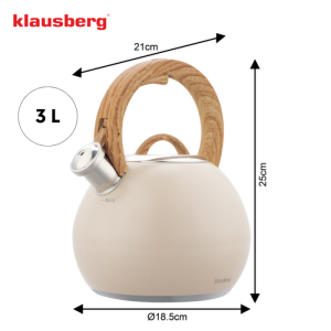 Свирещ чайник Klausberg KB 7956, 3l, Термоизолирана дръжка, Многослойно дъно, Индукция, Бежов