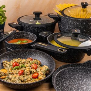Комплект тенджери и тигани Klausberg KB 7966, 12 части, Отливка, Незалепващо мраморно покритие, Индукция, Черен