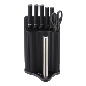 Комплект ножове Klausberg KB 7977, 8 части, Неръждаема стомана, Стойка, Държач за кухненска хартия, Черен