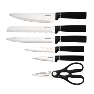 Комплект ножове Klausberg KB 7977, 8 части, Неръждаема стомана, Стойка, Държач за кухненска хартия, Черен