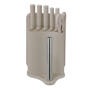 Комплект ножове Klausberg KB 7978, 8 части, Неръждаема стомана, Стойка, Държач за кухненска хартия, Бежов