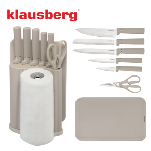 Комплект ножове Klausberg KB 7978, 8 части, Неръждаема стомана, Стойка, Държач за кухненска хартия, Бежов