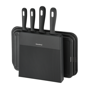 Комплект ножове и дъски за рязане Klausberg KB 7980, 8 части, Неръждаема стомана, Стойка, Черен/инокс