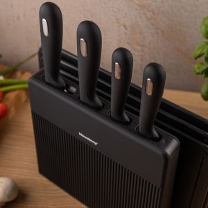 Комплект ножове и дъски за рязане Klausberg KB 7980, 8 части, Неръждаема стомана, Стойка, Черен/инокс