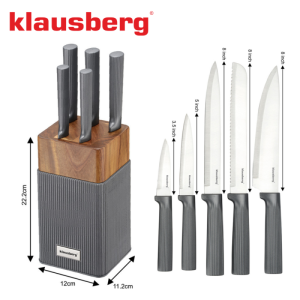 Комплект ножове Klausberg KB 7982, 6 части, Неръждаема стомана, Стойка от акациево дърво, Графит/кафяв