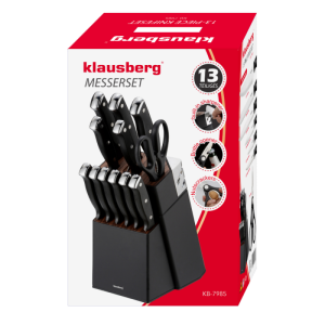 Комплект ножове Klausberg KB 7985, 13 части, Неръждаема стомана, Стойка+точило, Черен