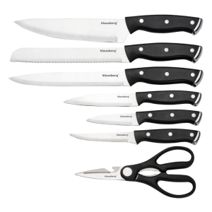 Комплект ножове Klausberg KB 7985, 13 части, Неръждаема стомана, Стойка+точило, Черен