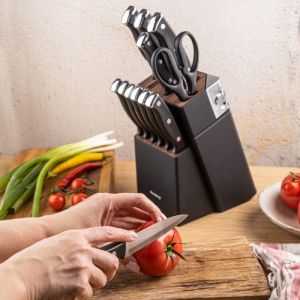 Комплект ножове Klausberg KB 7985, 13 части, Неръждаема стомана, Стойка+точило, Черен