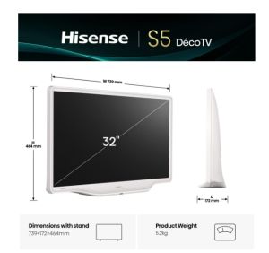 Телевизор Hisense 32" S5Q, Full HD 1920x1080, QLED, 220 nits, HDR, HLG, DTS HD, Light Sensor, Dolby Audio, Smart TV, WiFi, WiFi Direct, 2xHDMI, 2xUSB, LAN, CI+, DVB-T2/C/S2, White