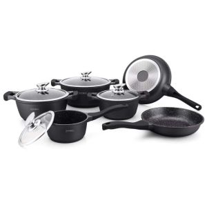 Комплект тенджери и тигани Royalty Line RL-BS1010M, Отливка, 10 части, Индукция, Мраморно покритие, Черен