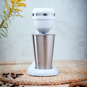 Фрапе миксер Oliver Voltz OV51163E, 100W, Чаша от неръждаема стомана с капацитет 450 мл, 2 скорости, Стоманена бъркалка, Бял