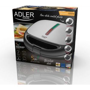 Уред за сандвичи и десерти Adler AD 3040, 1200W, 5 вида плочи, Незалепващо покритие, Черен/инокс