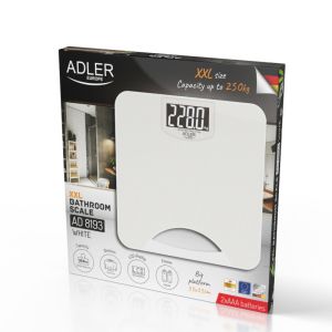 Кантар Adler AD 8193, До 250 кг, LCD, Индикатори за батерия и претоварване, Неплъзгащ се, Бял