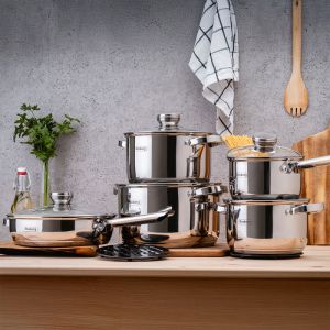 Комплект тенджери и тигани Rosberg R51210L12BM, 12 части, Многослойно дъно, Неръждаема стомана, Сребрист