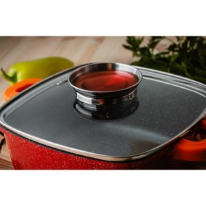 Тенджера с дозатор за мазнина Voltz V54323B24A, Гранитно покритие, 4.5 литра, 24 см, Индукция, Червен