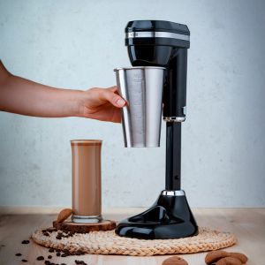 Фрапе миксер Oliver Voltz OV51163E, 100W, Чаша от неръждаема стомана с капацитет 450 мл, 2 скорости, Стоманена бъркалка, Черен