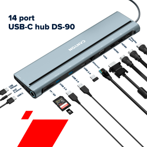 USB hub CANYON DS-90 (CNS-HDS90), 14 in 1 hub, with Type C female x2,Type C male x1:max 10Gbps,USBAx3:max 10Gbps,DPx1, VGAx1,SD card slotx1,TF card slotx1,Audio 3.5 audiox1,HDMIx2, RJ45x1,cable length 0.20m,Aluminum alloy housing,76x22.5x301mm,Dark grey
