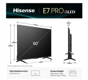 Телевизор Hisense 50" E7Q Pro, 4K Ultra HD 3840x2160, QLED, Quantum Dot, 144Hz, HDR 10+ adaptive, HLG, Dolby Vision, DTS Virtual X, Smart TV, WiFi 5GHz, WiFi Direct, BT, Anyview Cast, 3xHDMI, 2xUSB, LAN, CI+, DVB-T2/C/S2, Black
