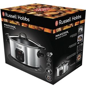 Уред за бавно готвене Russell Hobbs MaxiCook 22750-56, 200 W, 6 l,  3 температурни настройки, Таймер, Подвижна тенджера, Сребрист/черен