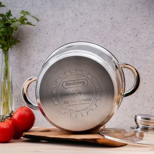 Комплект тенджери и тигани Rosberg R51210L12BM, 12 части, Многослойно дъно, Неръждаема стомана, Сребрист