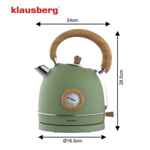 Електрическа кана-чайник Klausberg KB 9008, 2200W, 1.8 л, 360° основа, Индикатор ниво вода, Термометър, Зелен