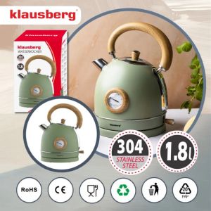 Електрическа кана-чайник Klausberg KB 9008, 2200W, 1.8 л, 360° основа, Индикатор ниво вода, Термометър, Зелен