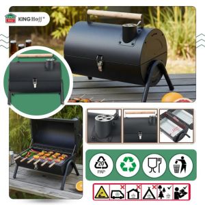 Барбекю на дървени въглища Kinghoff KH 2032, Преносимо, Регулируема вентилация, Отваряне на 180°, Заключващ се капак,Стомана, Черен