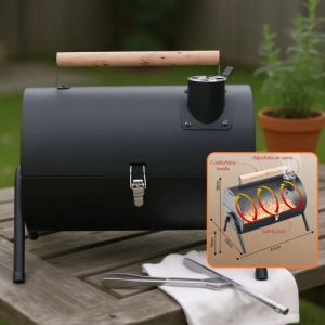 Барбекю на дървени въглища Kinghoff KH 2032, Преносимо, Регулируема вентилация, Отваряне на 180°, Заключващ се капак,Стомана, Черен