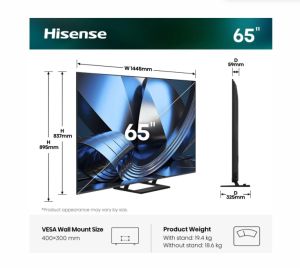 Телевизор Hisense 65"U7SE, 4K Ultra HD 3840x2160, ULED, FALD, Quantum Dot, 144Hz, IPS, HDR 10+, HLG, Dolby Vision IQ, Dolby Atmos, Smart TV, WiFi 5GHz, WiFi Direct, BT, Anyview Cast,light sensor, 4xHDMI, 2xUSB, LAN, CI+, DVB-T2/C/S2, Black