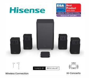 Аудио система Hisense HT Saturn, 4.1.2Ch Sound Bar with Wireless Subwoofer, 720W, Dolby Atmos, Tuned by Devialet , DTS:X,Quad Satellite Speakers , Black