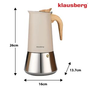 Електрическа кубинска кафеварка за еспресо Klausberg KB 7997, 600 мл, 12 чаши, Предпазен клапан, Стомана, Индукция, Бежов